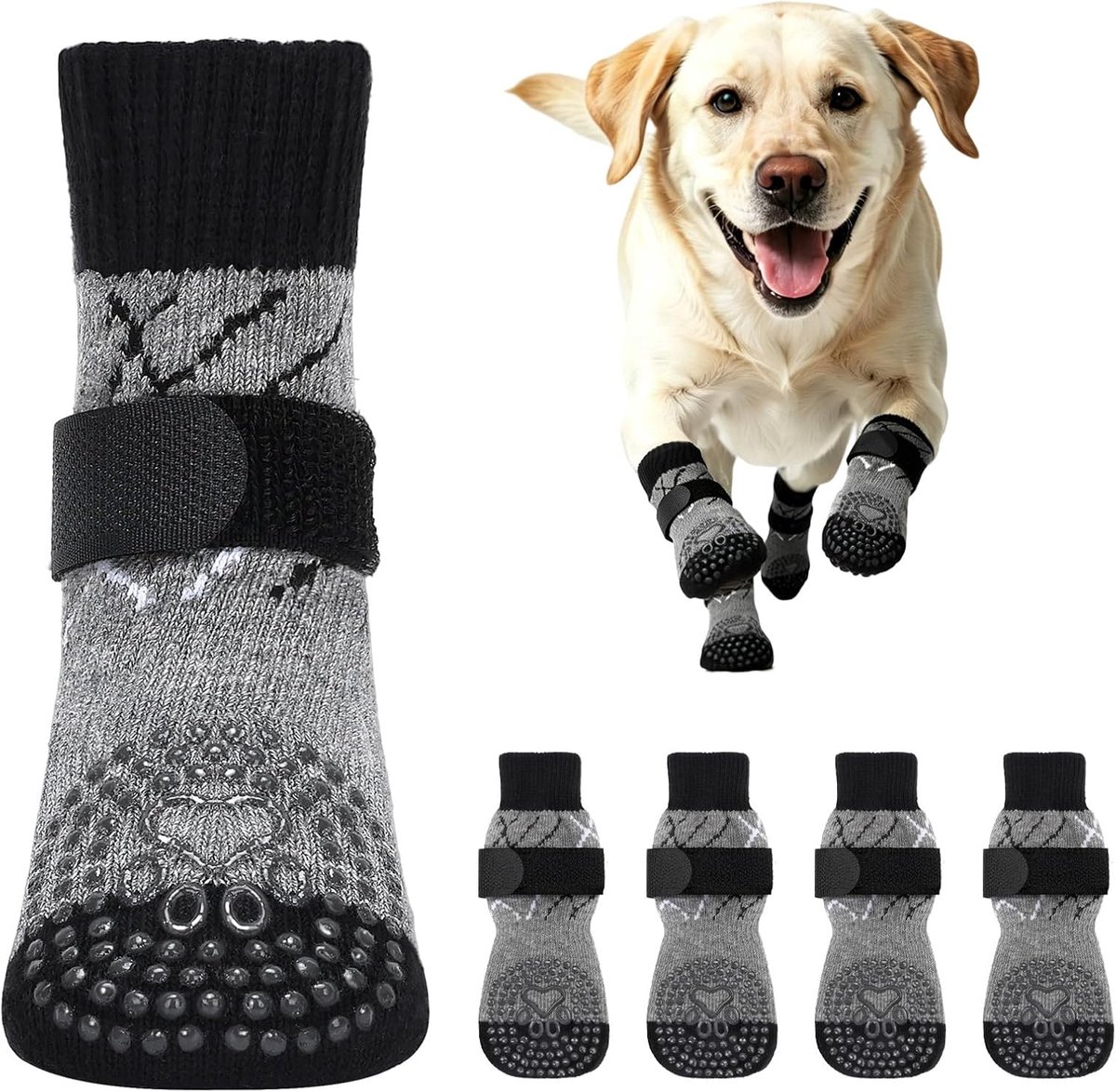 Antislip Hondensokken Voorkomen Likken en Krabben, Verbeteren Grip, Geschikt voor Middelgrote tot Grote Honden, Verstelbaar met Elastische Klittenband (XL, Zwart, Cartoon Botjes)