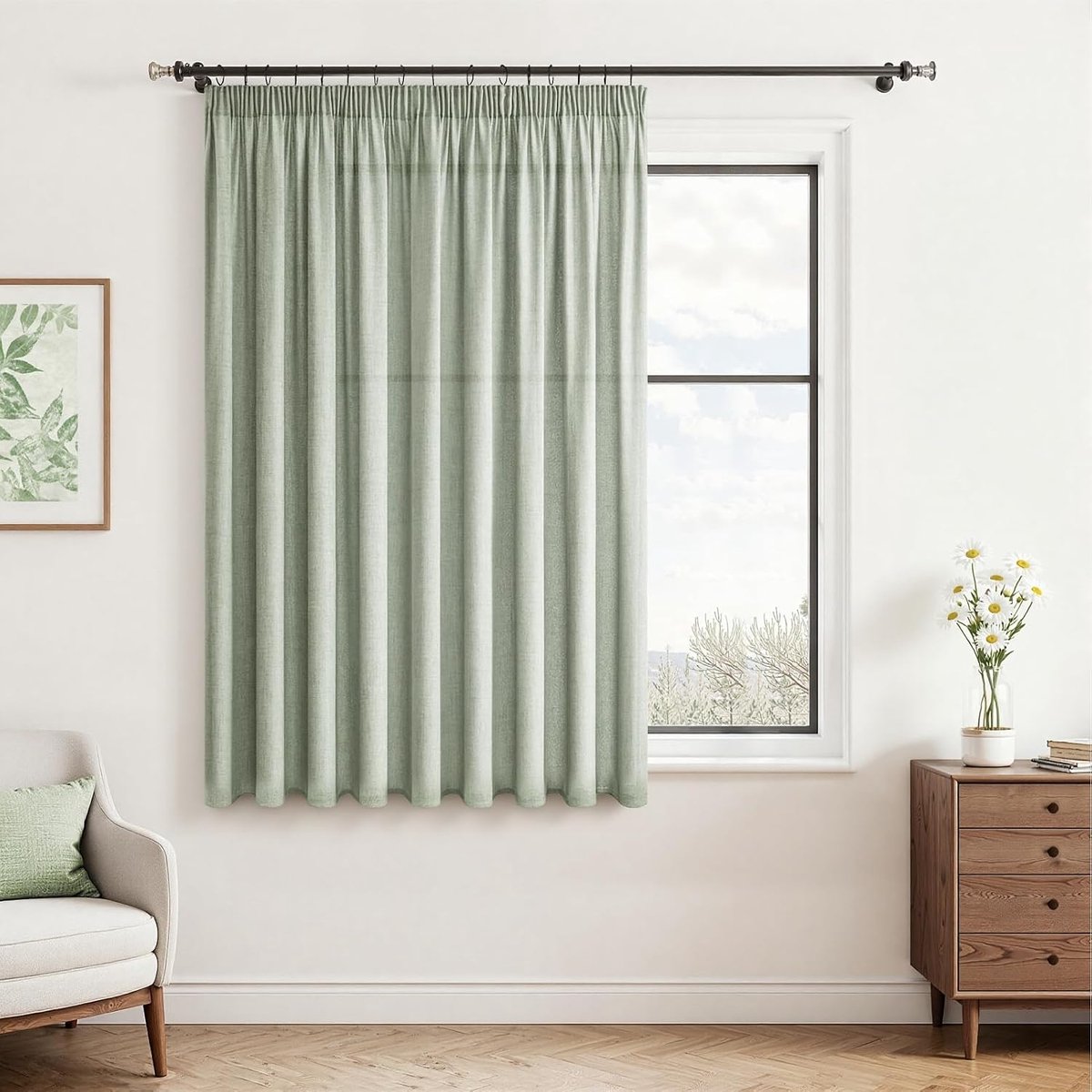 Gordijnen met plooiband, saliegroen, 160 x 200 cm (h x b), linnenoptiek, kort, raam, woonkamer, gordijn, linnen, half-transparant, set van 1, gordijnen, saliegroen, slaapkamer, keuken en