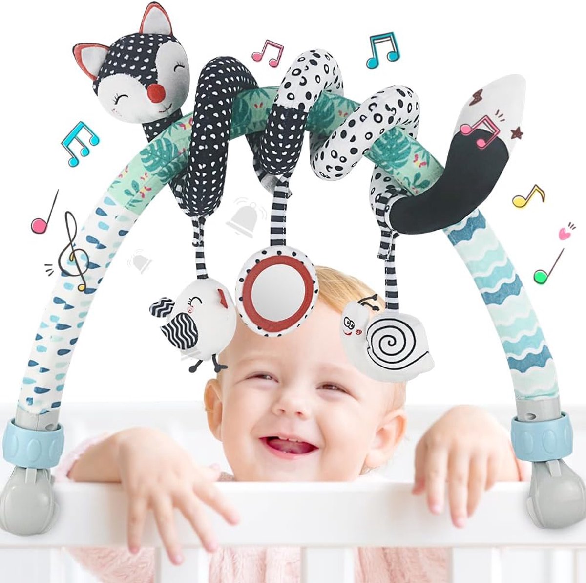 Speelboog voor Wieg, Zwart-Wit Dierenmotief met Rammelaar, Interactief Babyspeelgoed (CT02)