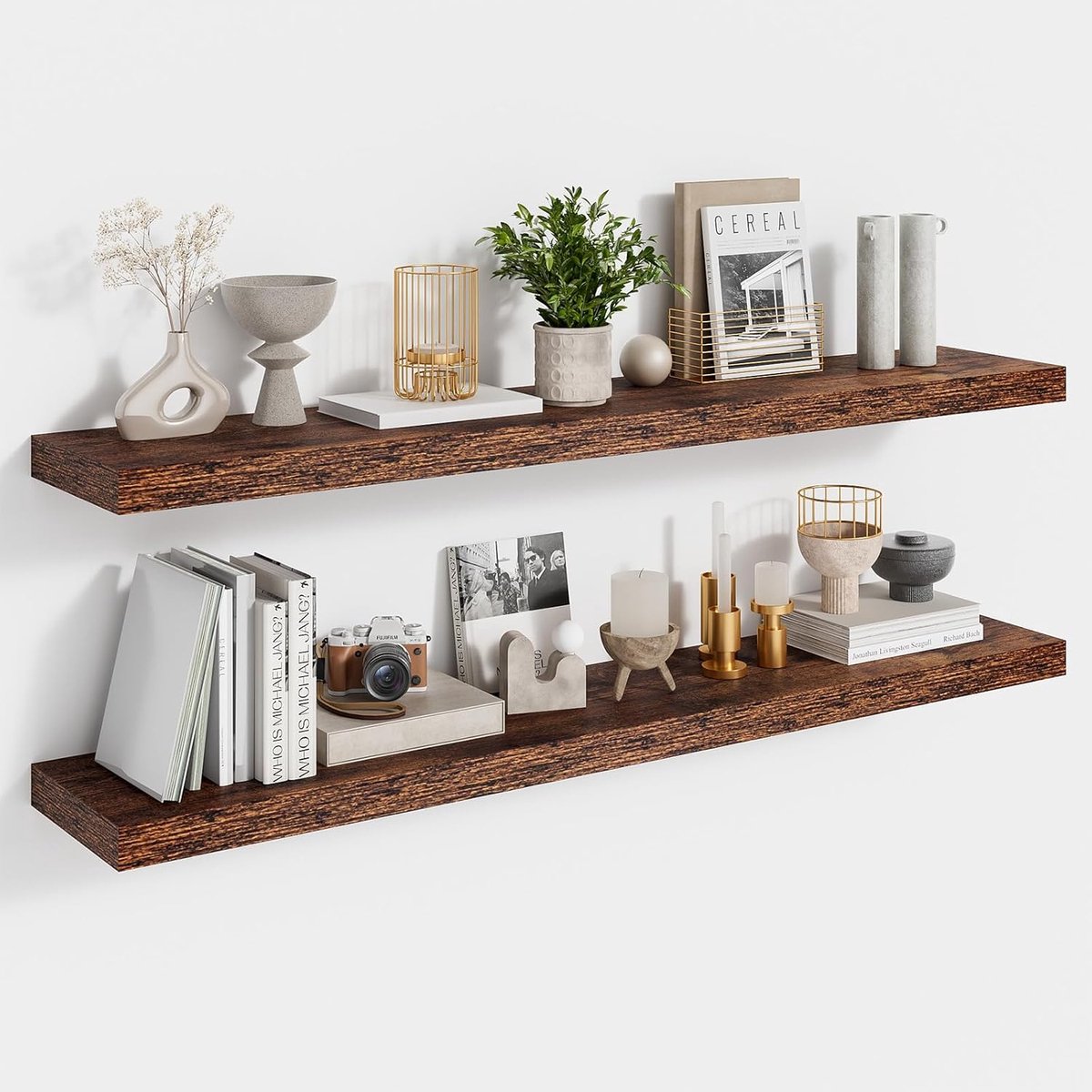 Wandplank, rustiek rek, 90 cm planken voor muur, 16,5 cm diep zwevende planken, set van 2, MDF-houten planken voor badkamer, keuken, slaapkamer en woonkamer, vintage bruin, 90 x 16,5 x 3,1 cm