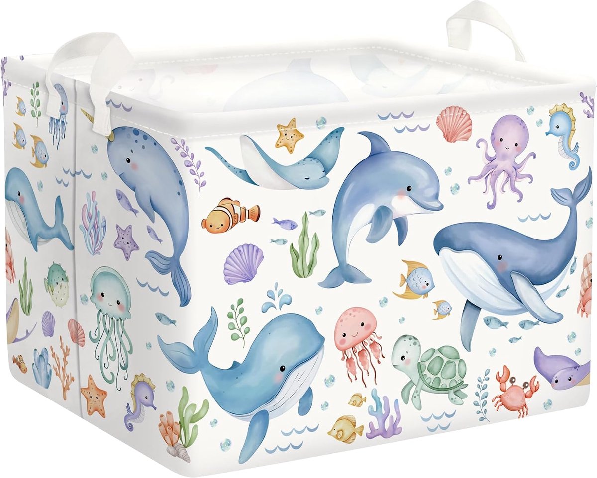 Wasmand, zeedieren, opvouwbaar, manden voor speelgoed/kleding voor ouders, vuile kleding voor badkamer, blauwe walvis, 36 l