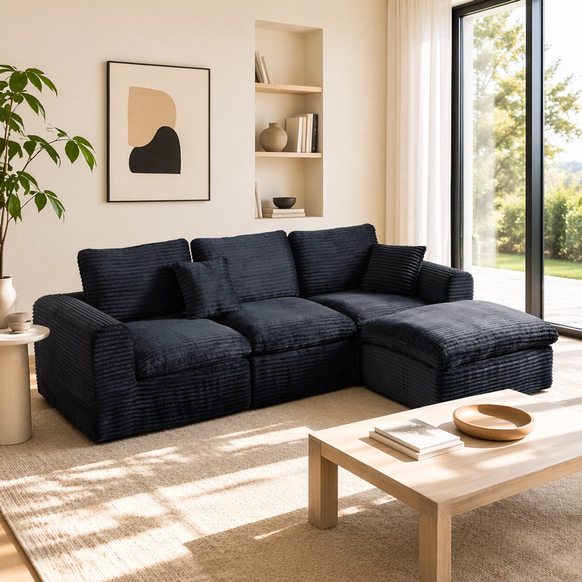 MIVRAY Hoekbank 280 Cm - Modulaire 3 In 1 L Vorm Bank Met Slaapfunctie En Zachte Ribfluweel - Voor Woonkamer En Studio - Zwart Blauw