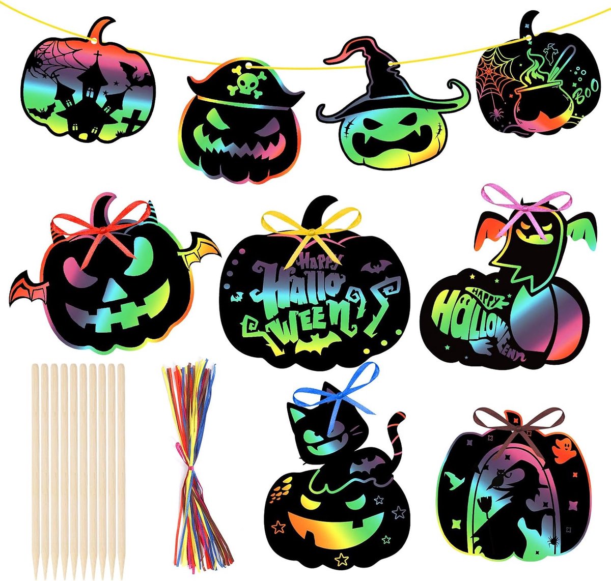 36 stks Halloween Scratch Art voor Kinderen, Pompoen Regenboog Scratch Art Papier Halloween Scratch Card Kits Halloween Ambachten voor Kinderen Halloween Party Bag Vulstoffen Jongens Meisjes