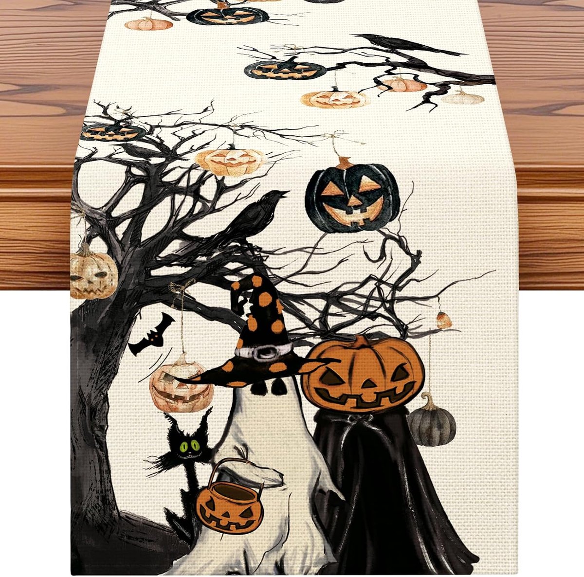 Tafelloper Halloween 40 x 180 cm, herfstthemadecoratie voor eettafel, keuken, feest, boerderij (geest pompoen en boom)