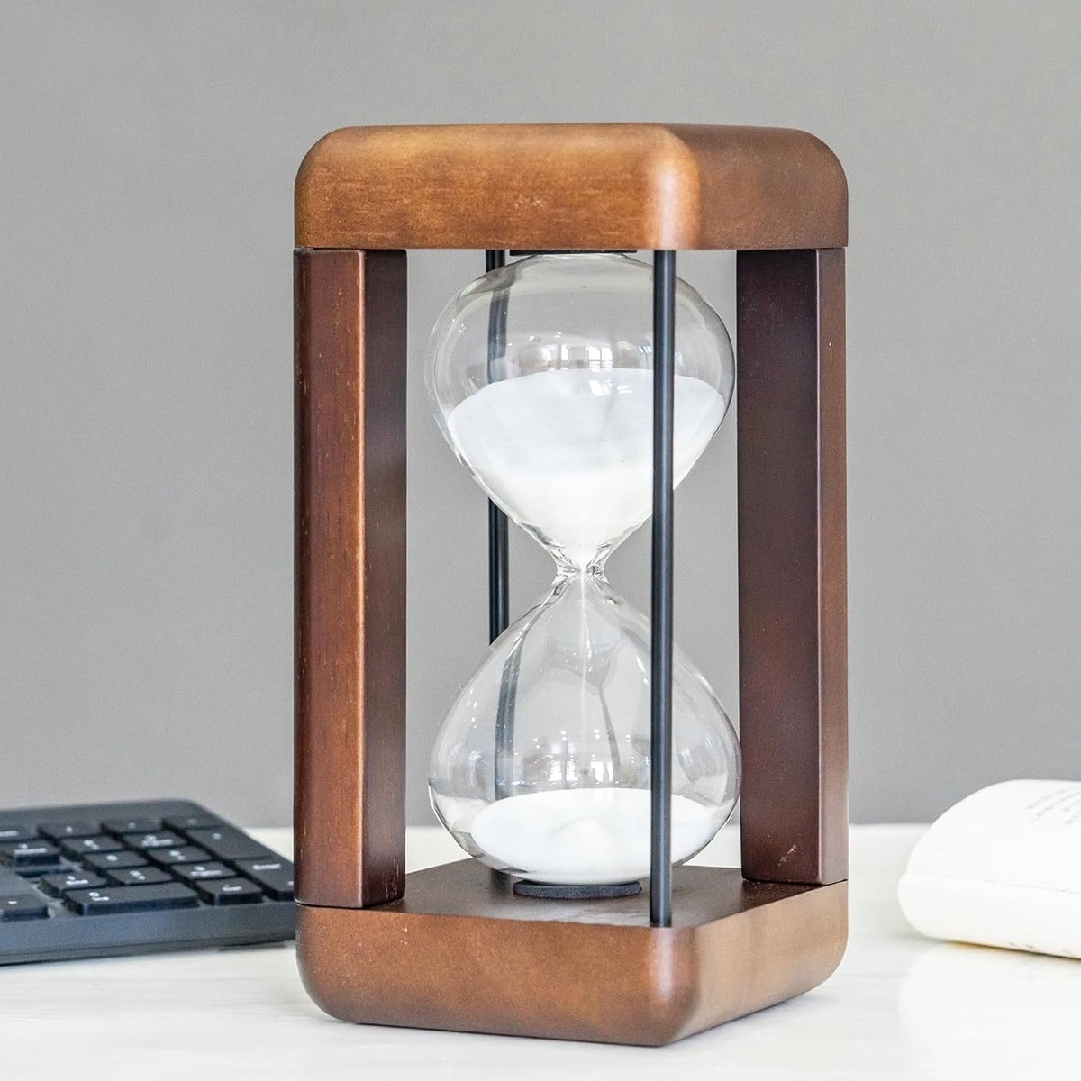 Premium zandloper van notenhout, 60 minuten zandlopers, uurglas met zandloper als cadeau, zandloperdecoratie voor thuis, bureau, bruiloftsdecoratie, wit