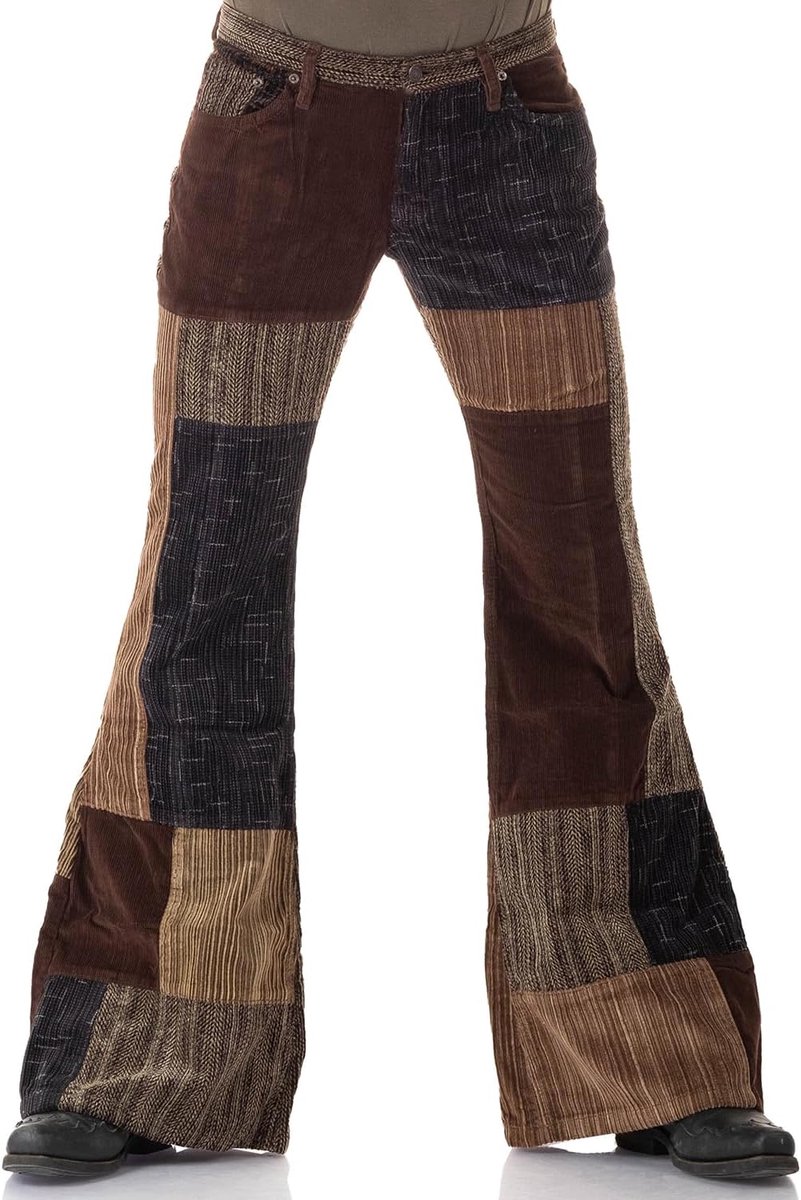 Heren patchwork corduroy broek bruin in jaren 70-stijl