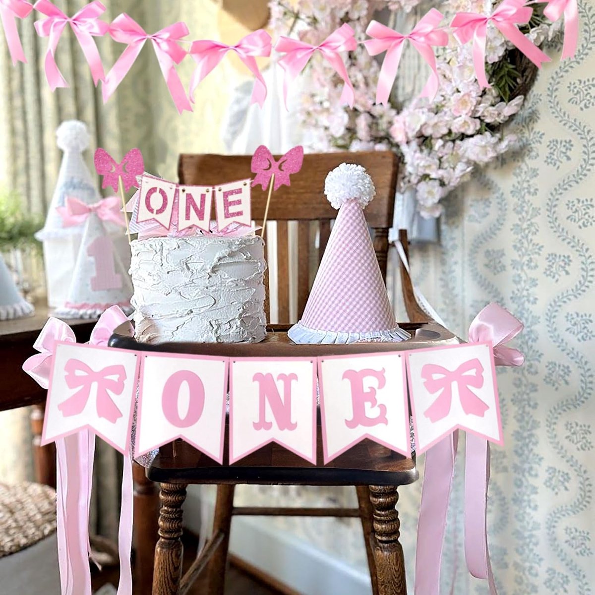 Banner 1e verjaardag meisje banner voor hoge stoel taart decor met roze | banner 1e verjaardag meisje banner voor hoge stoel taart decor met roze strik banner met roze strik voor one decoraties