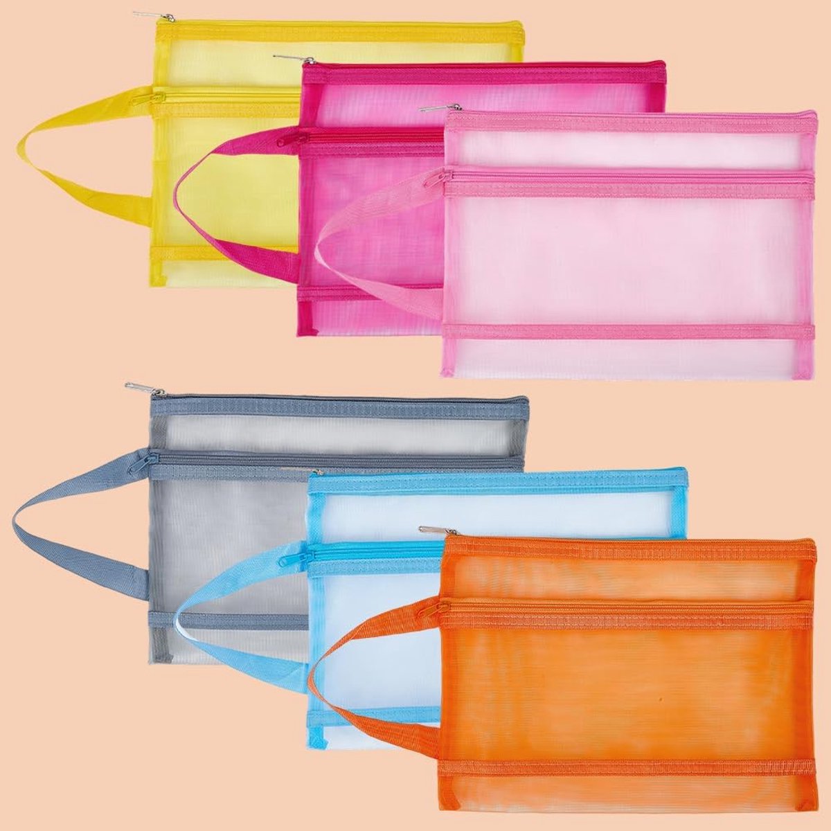 6 Stks 6 Kleuren Mesh Rits Pouch Zakken Gekleurd Nylon A4 Ademend Dubbellaags Draagbare Tas Document Organizer Duidelijk Zichtbaar Bouwsteen Opbergzakje Handvat voor School Kantoor Game