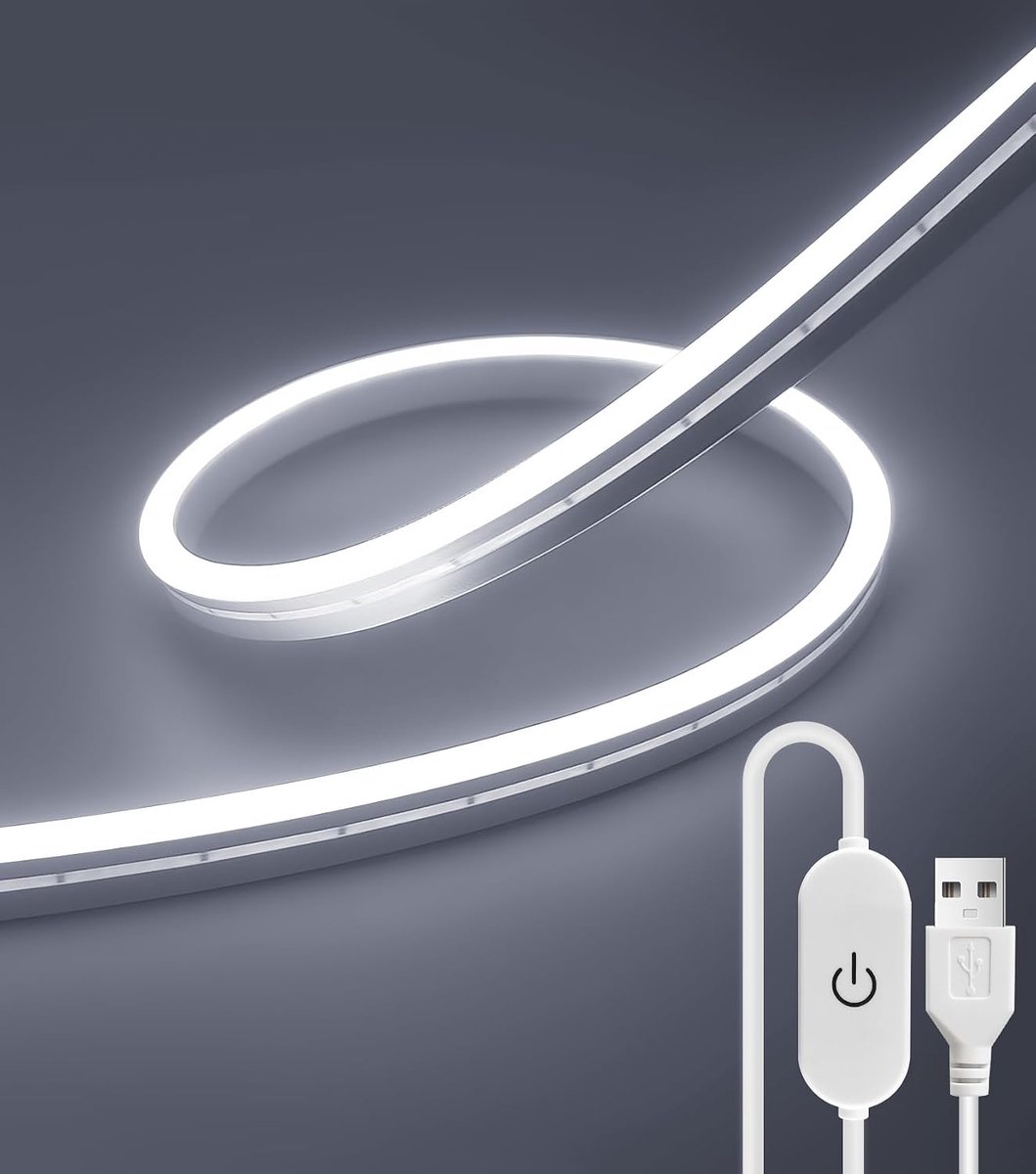 LED Strip 2 Meter Koud Wit, 3000K 5V ledstrip USB Voeding, Buiten LED Strip met IP67 Waterdicht en Dimmer voor Keuken, Garderobe, Spiegel, Home Decoratie