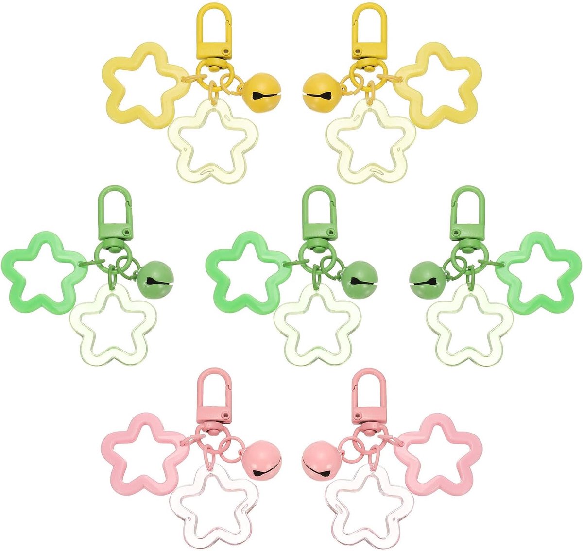 Ster Sleutelhanger, 7 Stks Acryl Pentagram Sleutelhanger Kleuren Snoep Bedels Ster Hanger Bell Bevestiging voor Sleutels Accessoires Tas, Groen/Geel/Roze