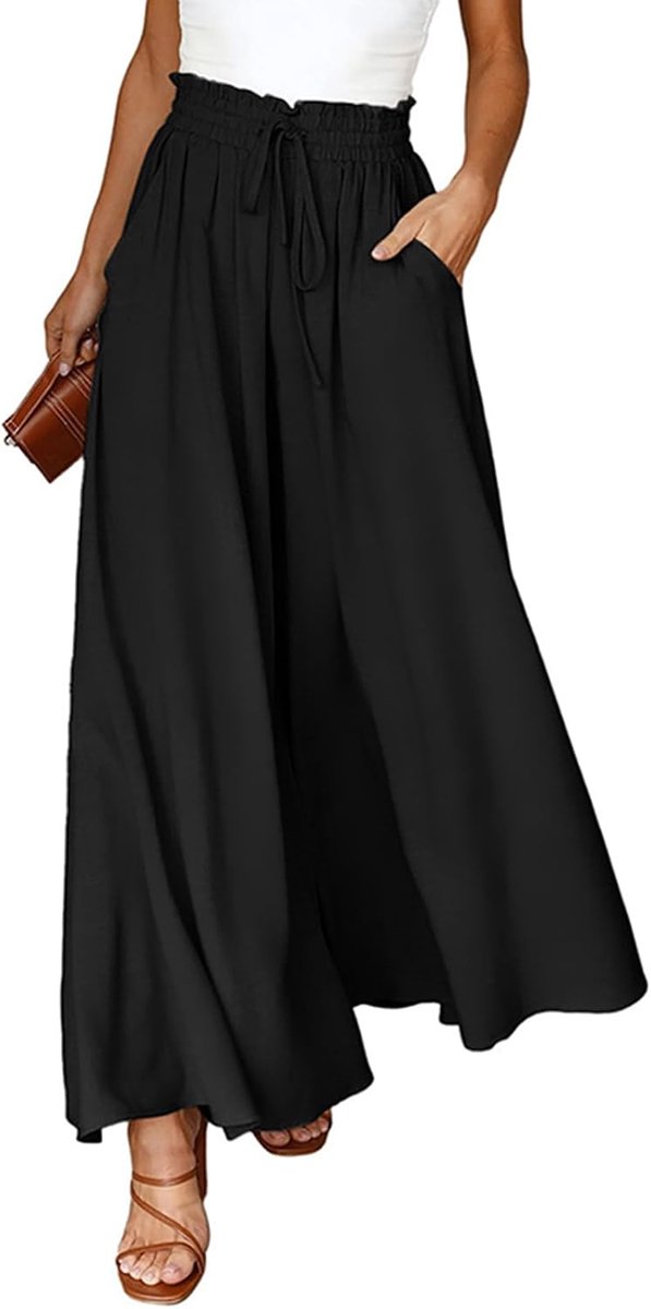 Palazzo Damesbroek, zomer, licht, casual, wijde broek, vrijetijdsbroek, elegant, effen, marlenebroek, brede pijpen, broek met hoge taille, elastische zakken, trekkoord