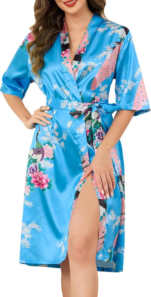 Satijnen ochtendjas voor dames, lange zijden kimono-gewaden met pauw en bloesems, bruidsgewaad voor bruiloft, feest, S-XXL