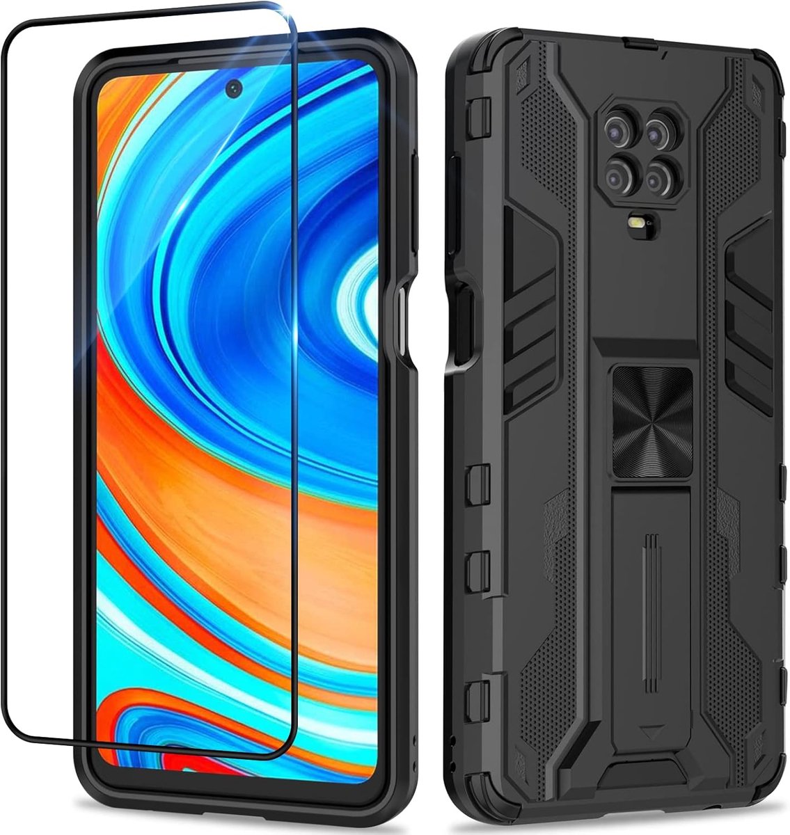 Hoesje voor Xiaomi Redmi Note 9S/Redmi Note 9 Pro met Screen protector, militaire standaard cover case standfunctie mobiele telefoon hoezen- zwart