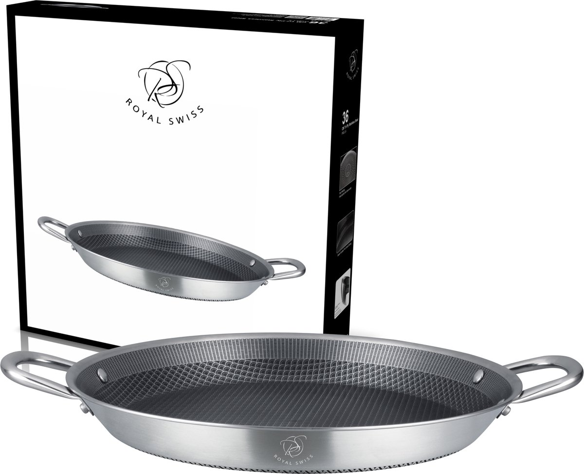 Royal Swiss®Paella pan 32 cm – Tri-Ply RVS – Honingraatstructuur – Inductie – Alle Warmtebronnen – Paella Pan met 2 Handgrepen