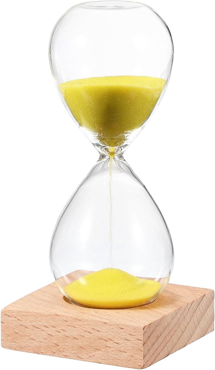 5 minuten zandtimer, zandhorloge met houten basis, uurglas, zandloper, timer, klok voor woonkamer, thuiskantoor, restaurant, decoratie, geel