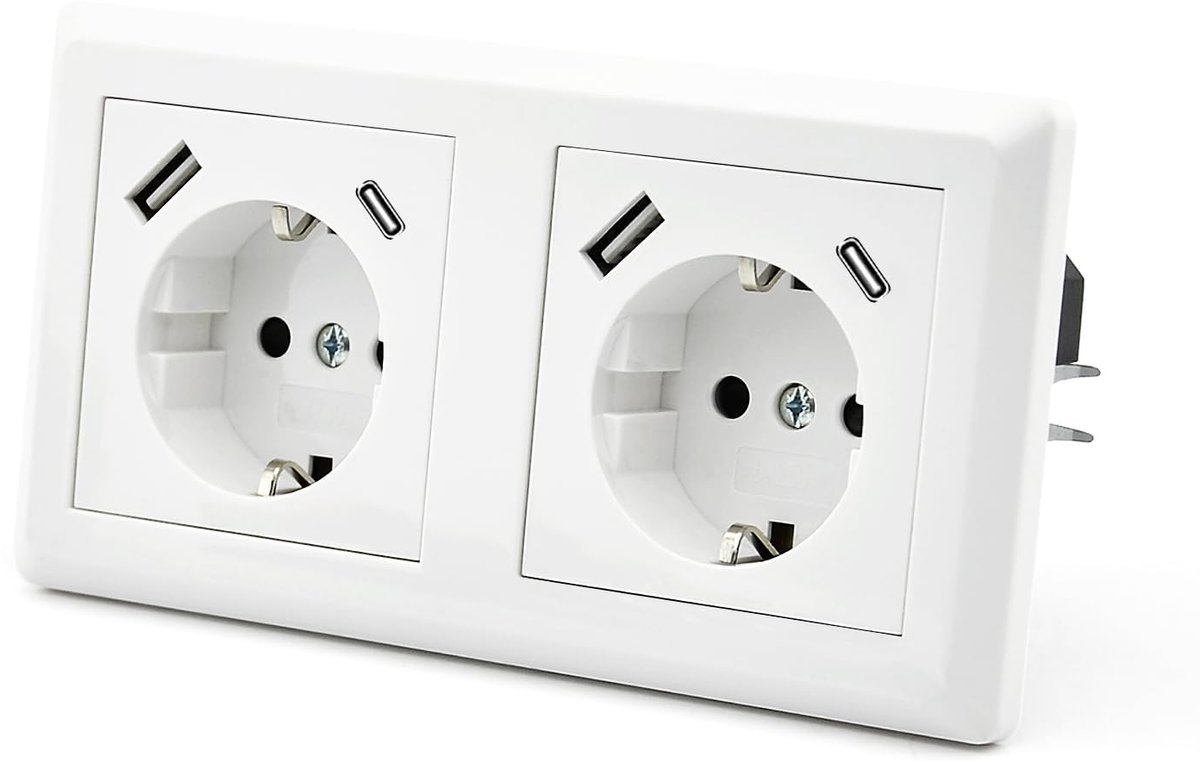 Stopcontact, 2-voudig stopcontact, glas, inbouw met kristalglasplaat, dubbele wandcontactdoos, 16 ampère, EU standaard verlengkabel, wit