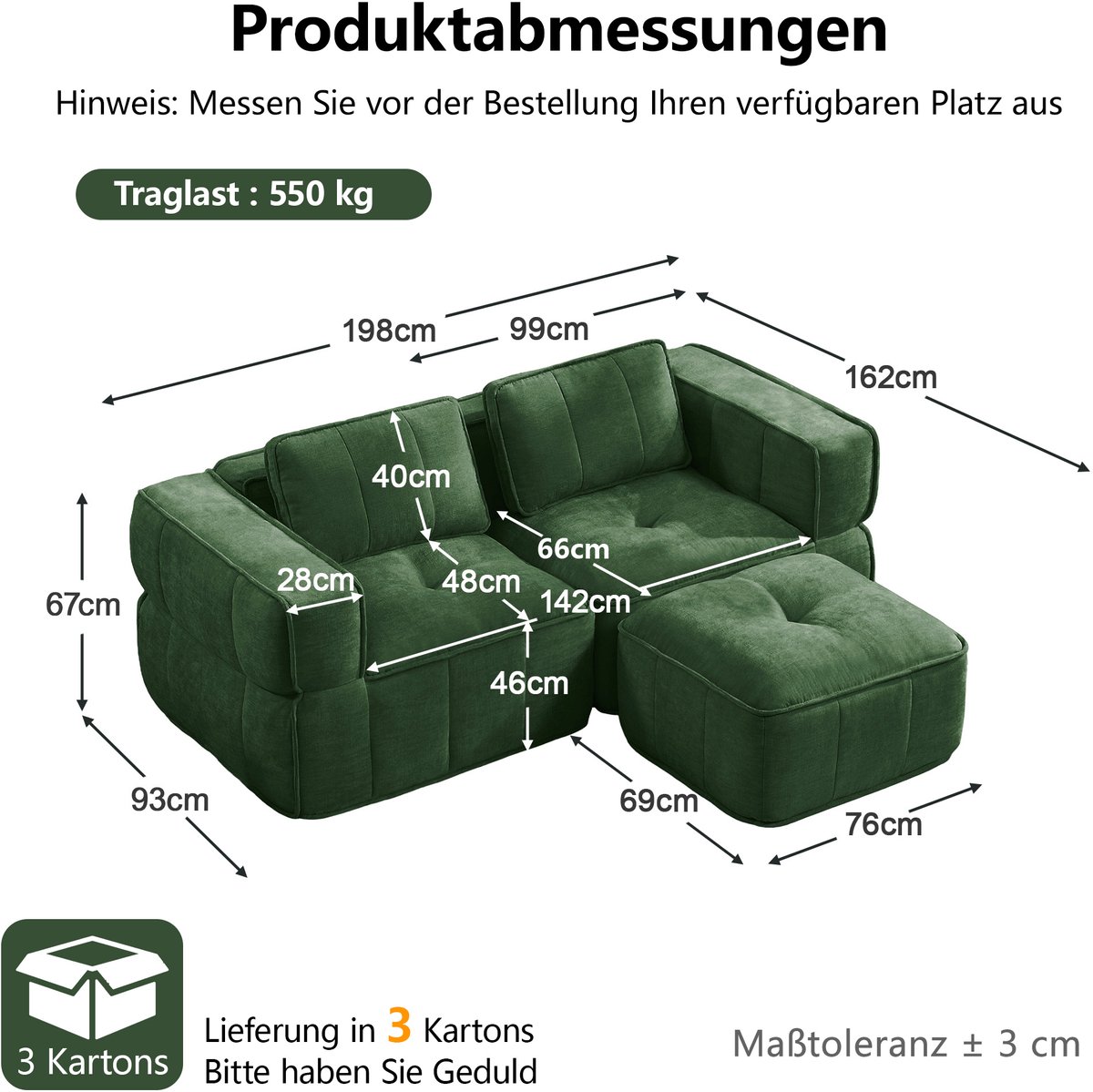 MIVRAY Hoekbank 198 x 162 x 67 cm - Modulaire 2-Zits Met Hocker En Diepe Zit - Voor Woonkamer En Appartement - Polyester Groen
