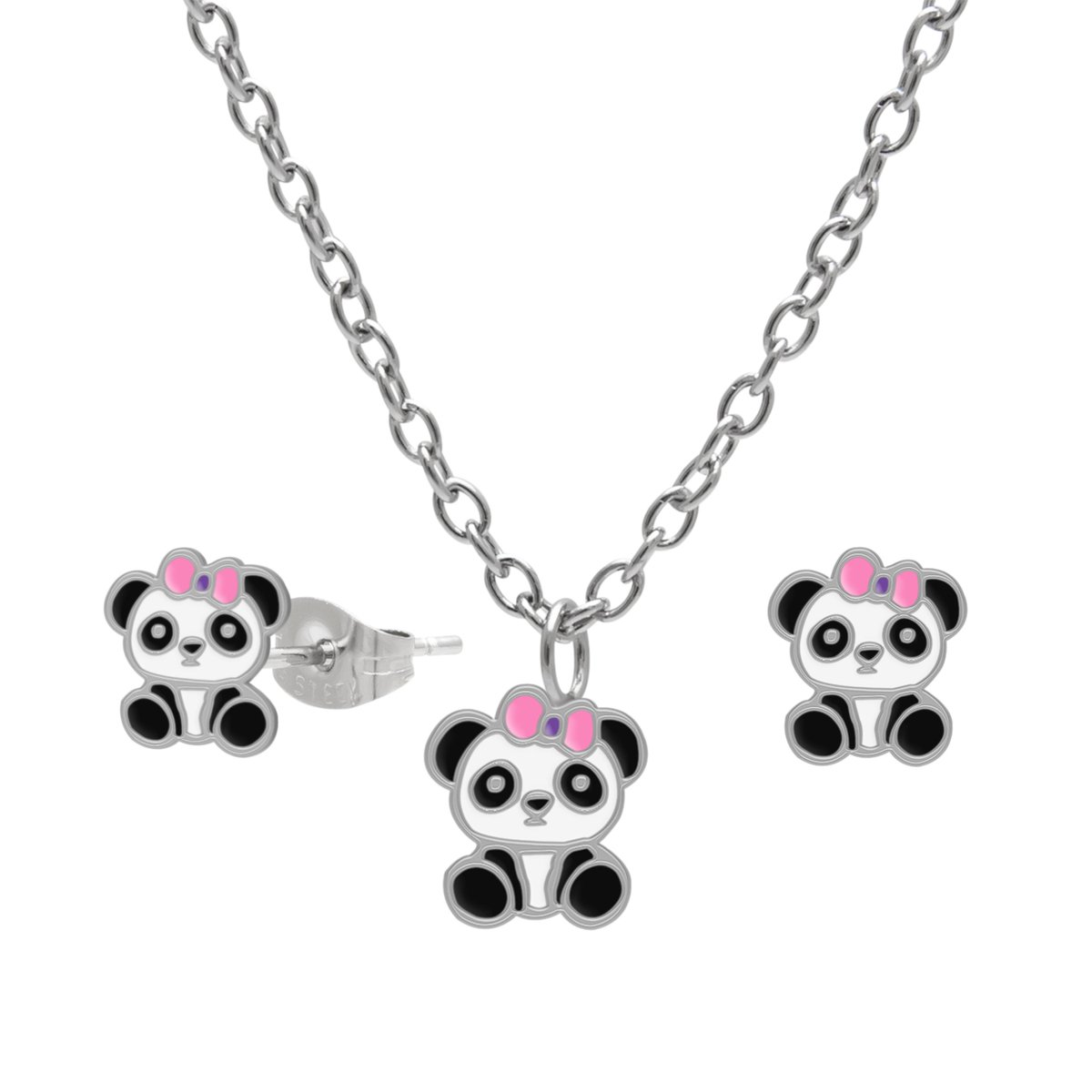 Meisjes Sieradenset Panda – Ketting en Oorstekers – Chirurgisch Staal – Roze Strik – Kindersieraden