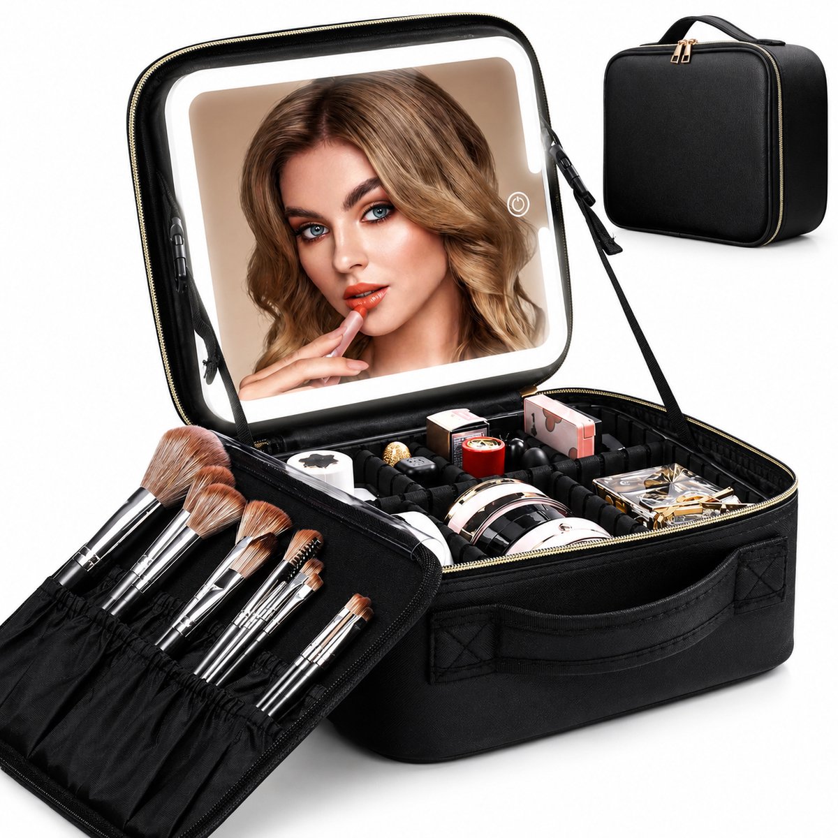 DPLUNIQ Makeup Tas - Toilettas - Reistas - Spiegel - Verstelbaar - Incl. LED-Verlichting - 27,5x14x24cm - USB Opladen - Zwart