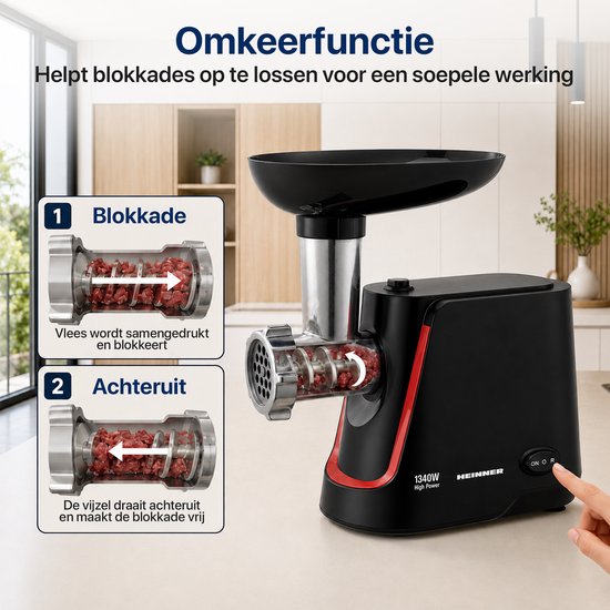 Heinner Elektrische Vleesmolen - Gehaktmolen met RVS mes - 2 snelheden + Reverse-functie - 1340 W - 1,5 kg/min - Inclusief Worst & Kibbe-accessoire - Zwart van Heinner — afbeelding 5