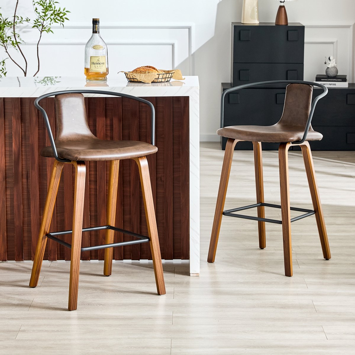 MODENUIT Barkruk - Set van 2 - Met Armleuning En Rugleuning - Voor Keuken En Bar - Kunstleer - Bruin