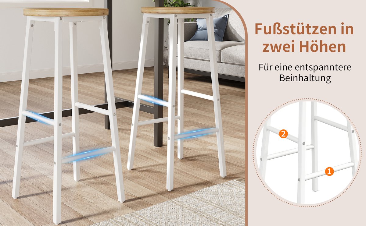 MODENUIT Barkruk Set van 2 - 70 cm - Houtlook Zitting - Voor Keuken Eiland en Bar - Metaal - Wit