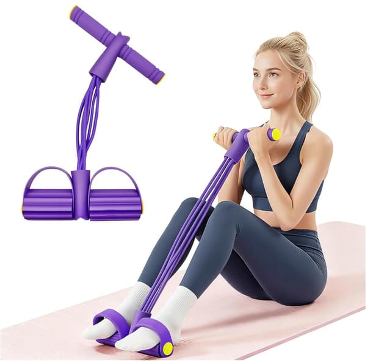 Claoner Buikspiertrainer - Met voetpedaal weerstandsband - 6 weerstandsbanden - Core training - Yoga fitness - Paars
