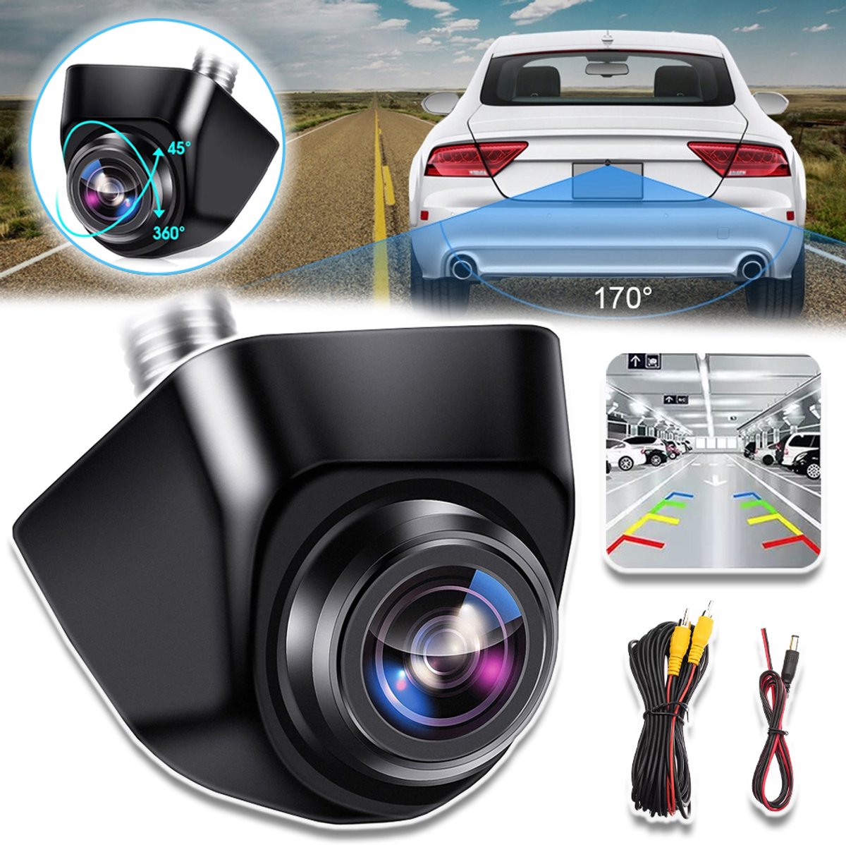360° Draaibare Achteruitrijcamera Voor Auto's 1080p - 170° Groothoek IP69 Nachtzicht - Ondersteunt Voor- En Achterzicht, Hulplijnen
