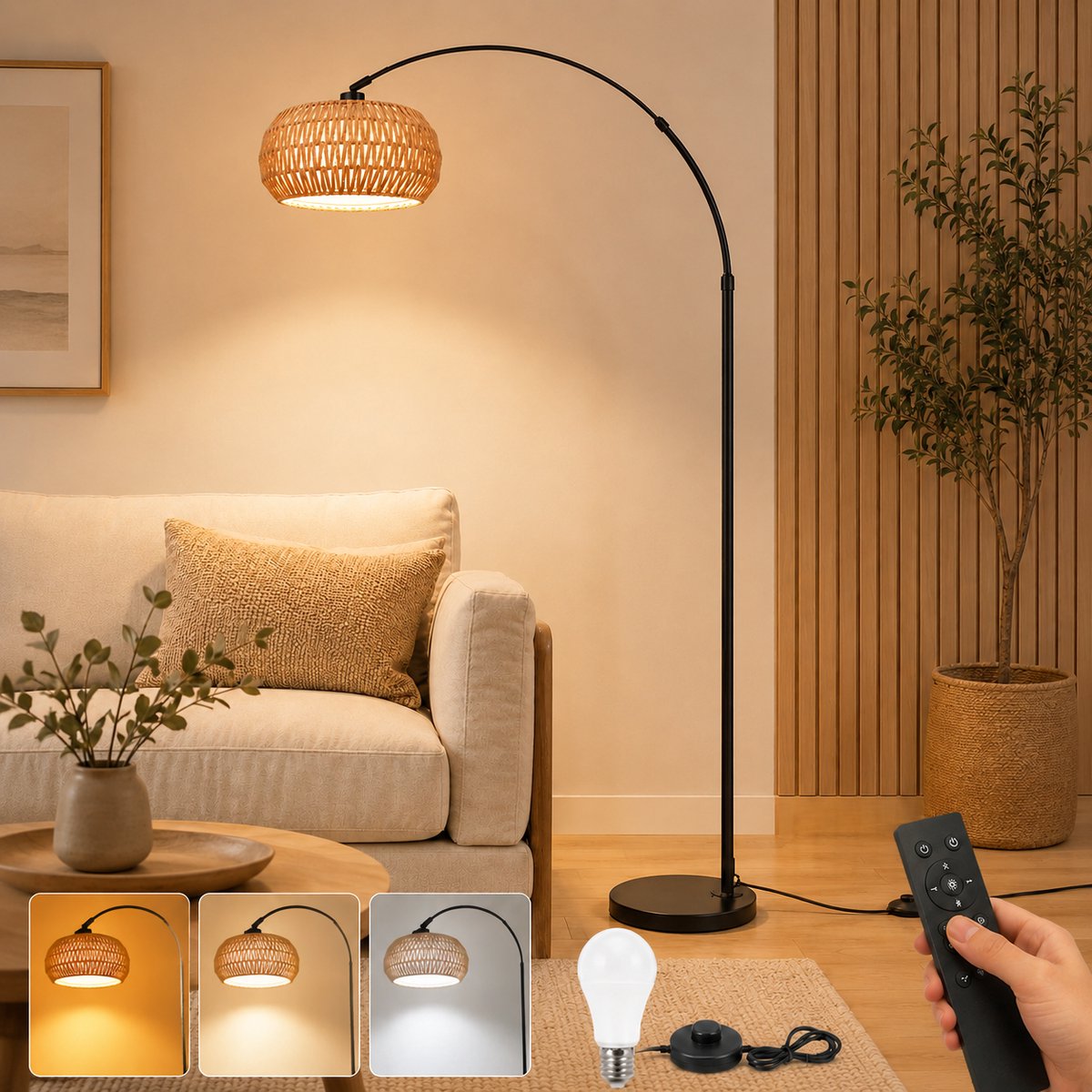 Lapamax Rotan Vloerlamp - Boho Staande Lamp Dimbare- Booglamp met Afstandsbediening & APP- Hoogte Verstelbaar 185 cm & 360° Draaibare Arm - 3 Kleurtemperaturen & Voetschakelaar - hoeklamp Voor Slaapkamer Woonkamer Slaapkamer