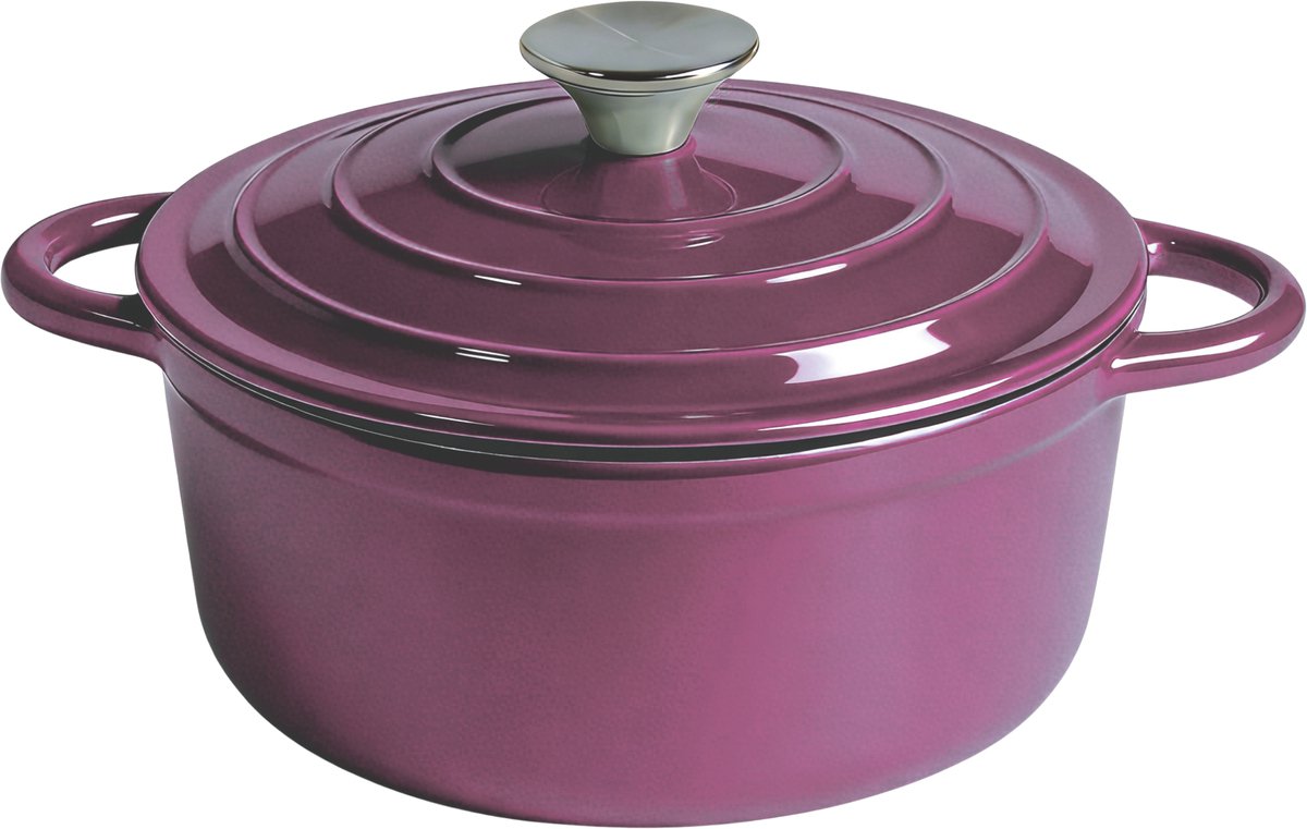 Royal Swiss® Gietijzeren Braadpan 22 cm – Inductie Braadpan – Geëmailleerde Gietijzeren Stoofpan – Ovenbestendig – Met Deksel – Paars