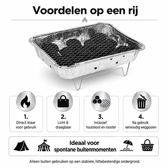 WDMT Wegwerpbarbecue 31 x 25 cm - Complete Eenmalige BBQ met Houtskool en Grillrooster - Draagbare Tafelbarbecue voor Camping, Festival, Strand, Picknick & Vakantie - Zilver — afbeelding 5