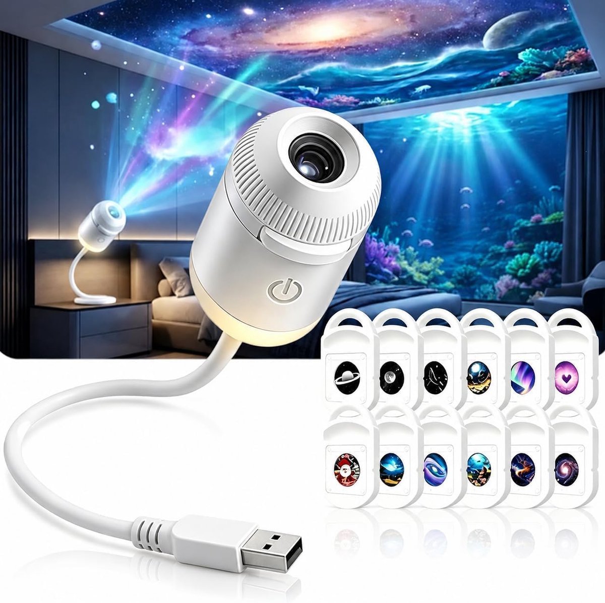 HD 5D holografische sterprojector, 2-in-1 slimme dynamische nachtlamp, USB gevoed met 12 schuifbare projectiefilms, 360° verstelbare kamerverlichting voor slaapkamer, kinderkamer en cadeau | Energieklasse A