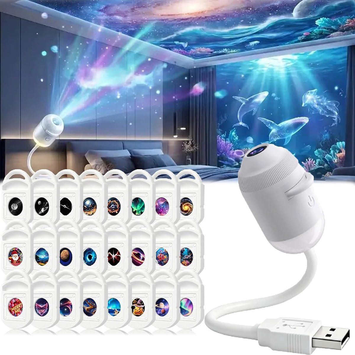 HD 5D holografische sterprojector, 2-in-1 slimme dynamische nachtlamp, USB gevoed met 24 schuifbare projectiefilms, 360° verstelbare kamerverlichting voor slaapkamer, kinderkamer en cadeau | Energieklasse A