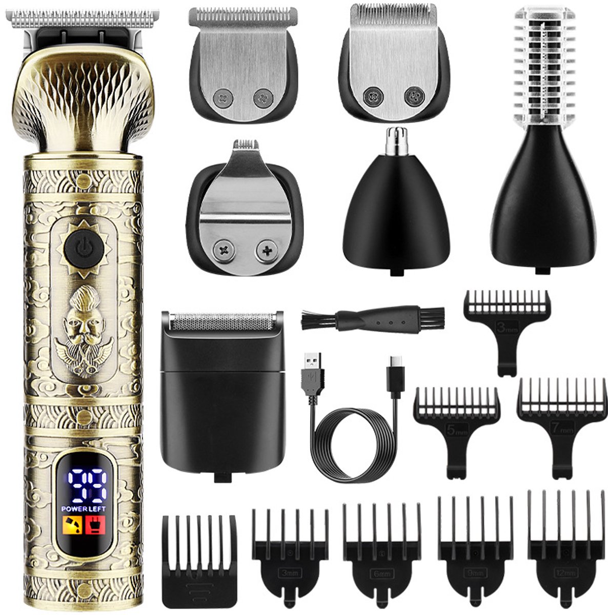 REDOM Tondeuse Haartrimmer 7-in-1 - Type-C Oplaadbaar - Ronde Randen - 4 Verstelbare Opzetkammen - Haar Knippen & Haarstyling - Thuisgebruik - RVS - Goud
