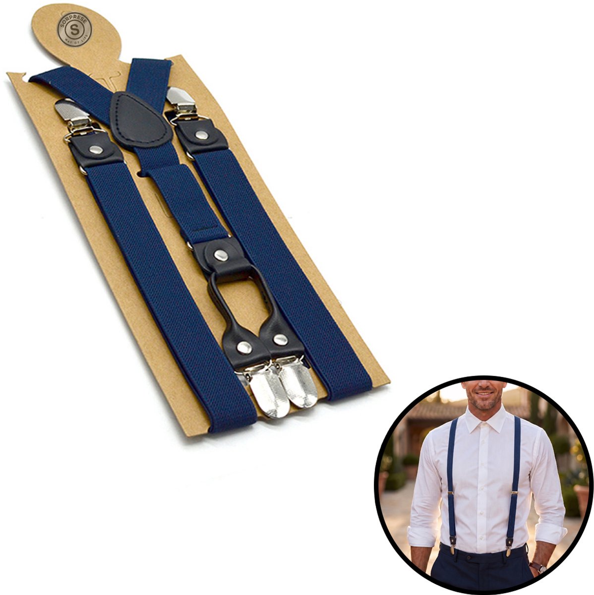 Sorprese Bretels Heren Volwassenen - Donkerblauw - Verstelbare Y-Bretels - 2,4 cm - Met Leren Clips - Elastisch - Trouwen, Feest & Zakelijk