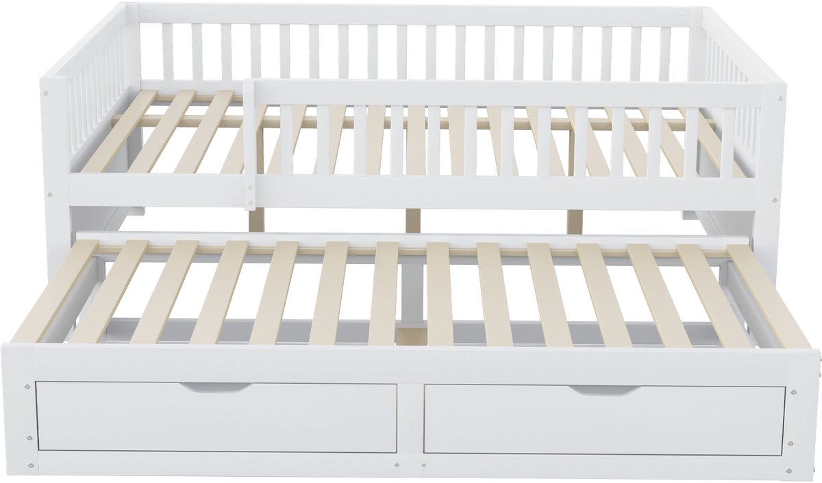 MUVANO Slaapbank 140x200 - Kinderbed - Logeerbed - Tienerbed - Uitvalbeveiliging - Uitschuifbaar - Lattenbodem - Slaapkamer - 140x200 cm - 2 Lades - Wit