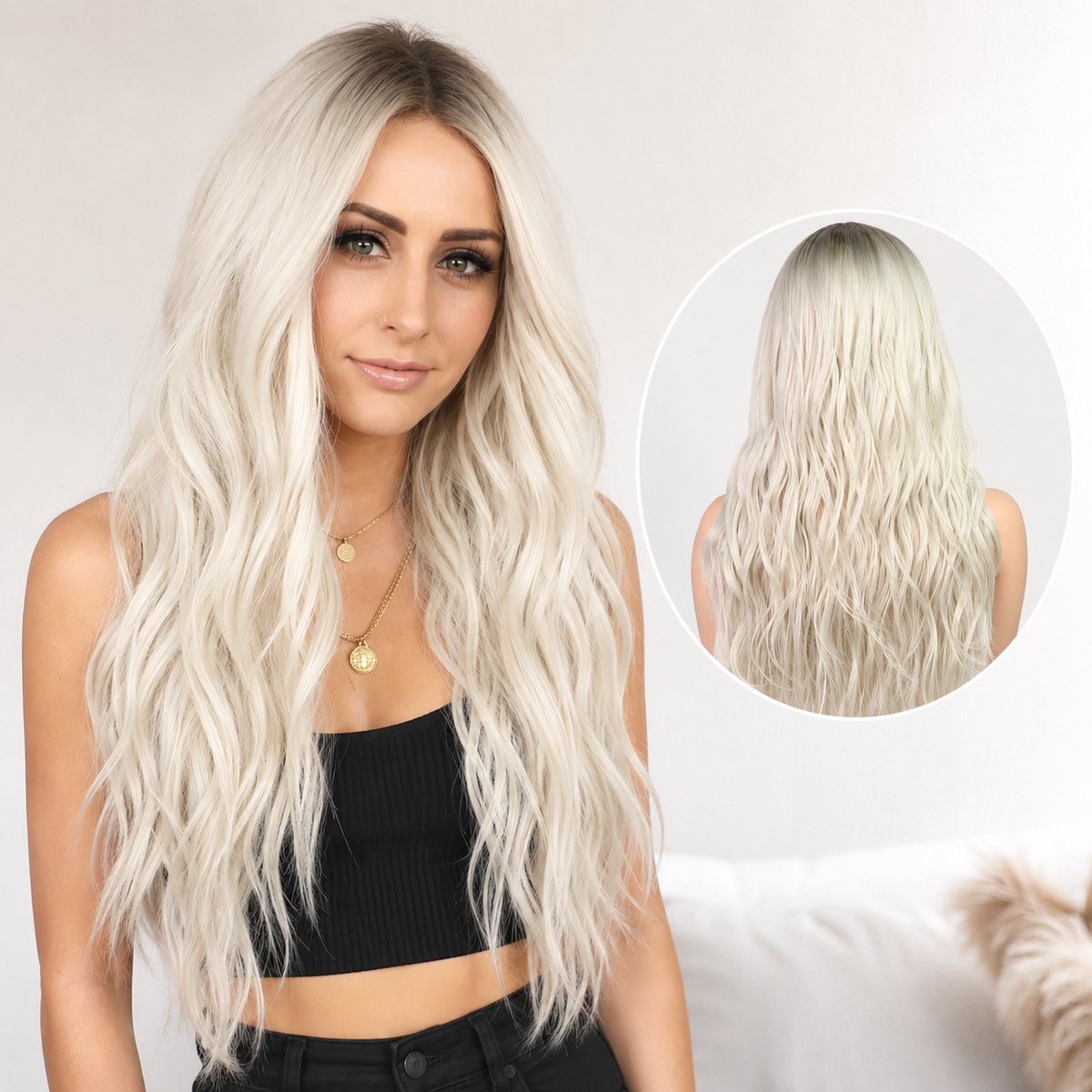 Pro Care Excellent Quality® Lange Pruik Dames – Platina Blond – Golvend Haar – Hittebestendig tot 150°C – Verstelbaar – Wasbaar – Zacht & Klitvrij - 63 cm