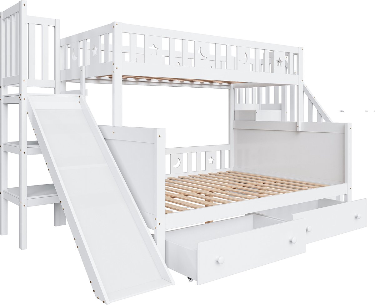 MUVANO Stapelbed - Kinderbed - Houten bed-Wit bed – Glijbaan – Lades – Trap - Lattenbodem - Kinderkamer - 90x200/140x200cm- Opbergruimte-Wit