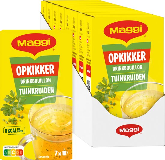 Voordeelverpakking Maggi Opkikker tuinkruiden drinkbouillon, geel met beker dampende soep en 8 kcal symbool.