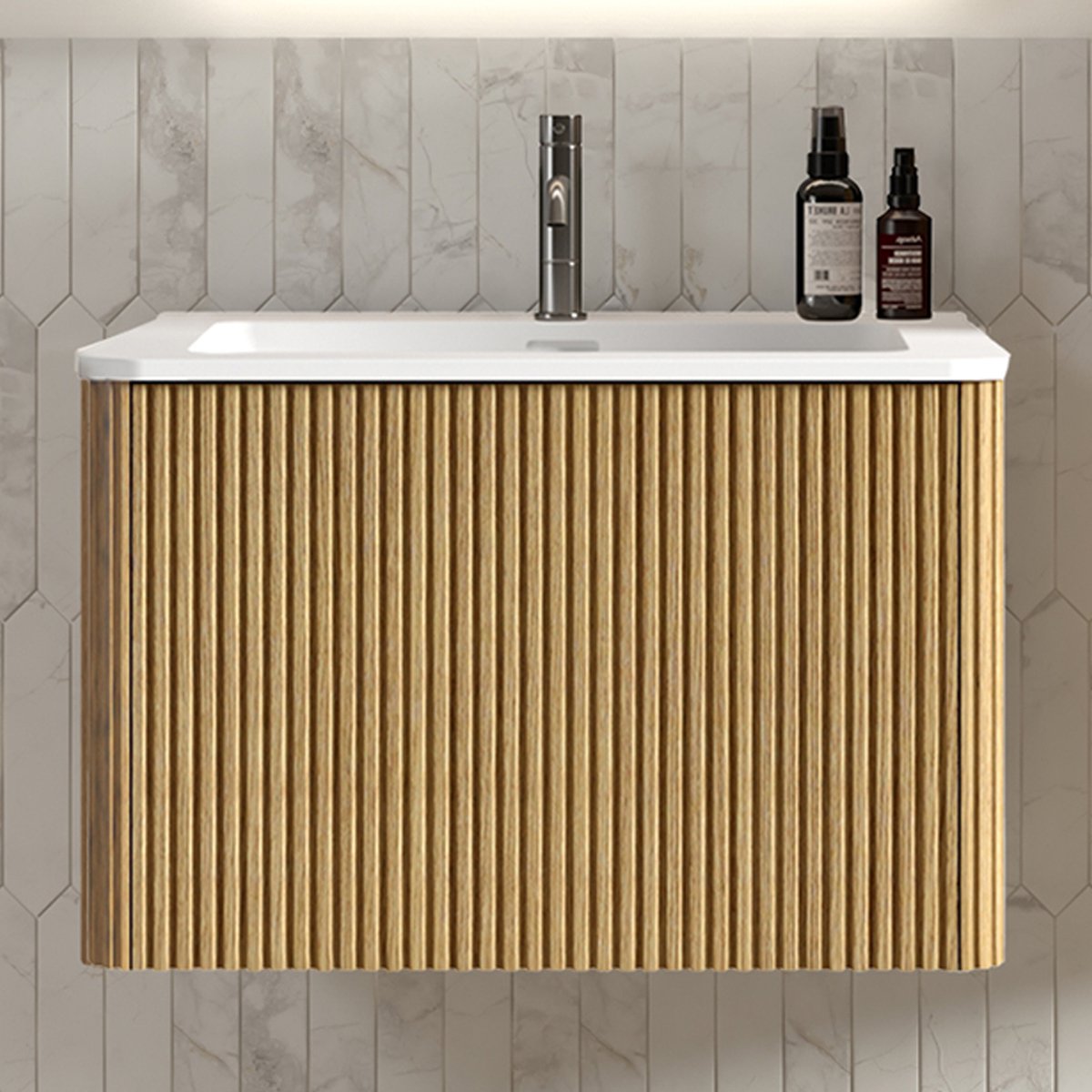 Wandhängend badkamermeubel met wastafel - Kleine badkamer - 60 cm - Natuurlijk eiken - Mineraalgiethars bekken & groevenpatroon - Push-to-open lades - Voorgemonteerd