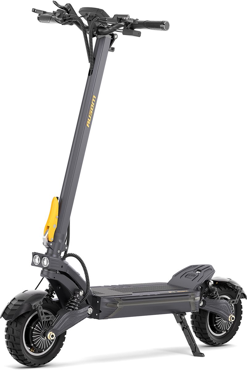 Ausom‑F1‑Max‑Elektrische‑Step‑Dubbele‑Motor‑100km‑Bereik‑Vier‑Veren‑Hydraulische‑Rem‑NFC‑Ontgrendeling‑Grijs‑Geel
