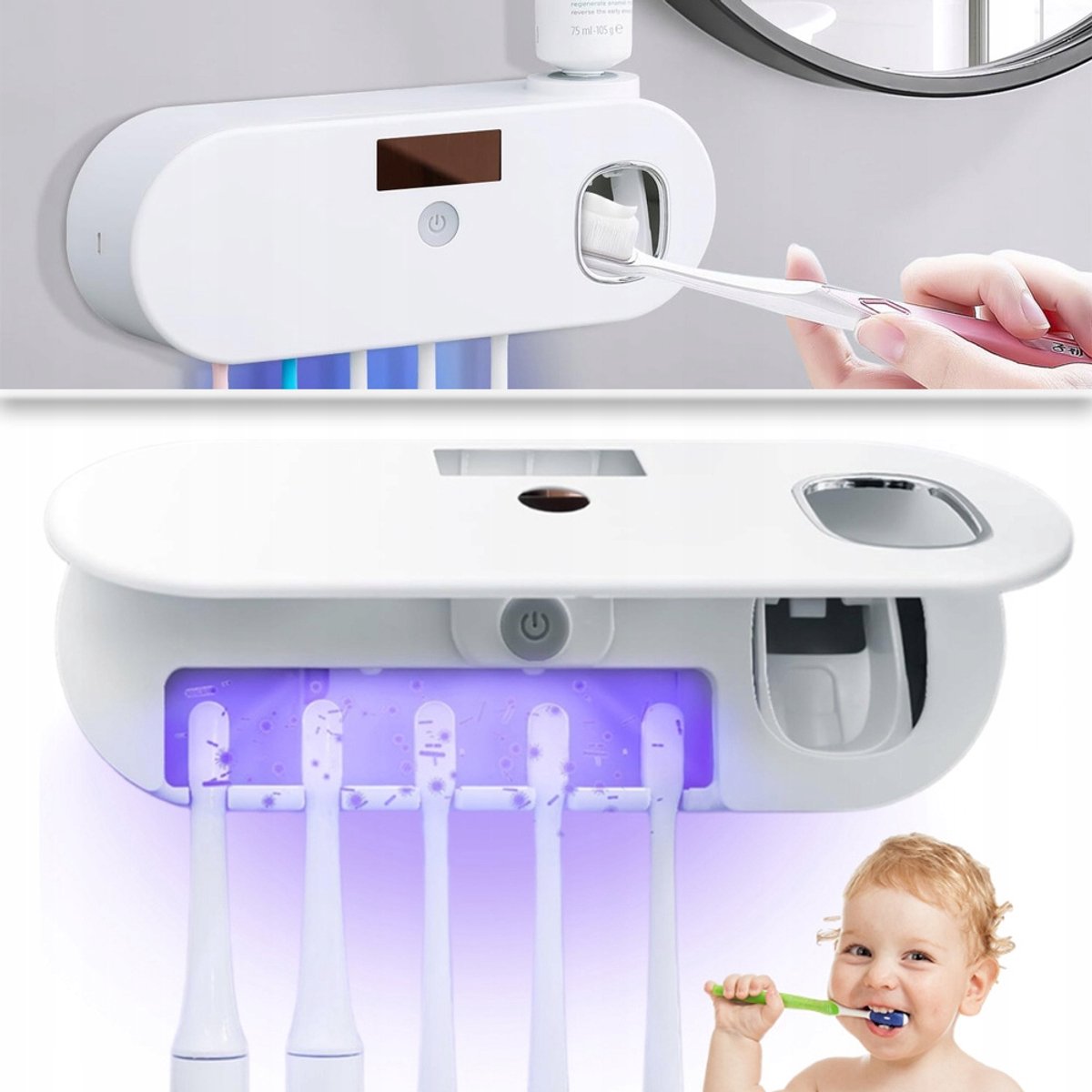 Wandgemonteerde Elektrische Tandenborstelhouder Met Tandpastadispenser - 5 Vakjes USB Oplaadbaar Bediening Met één Knop - Voor De Badkamer - Wit
