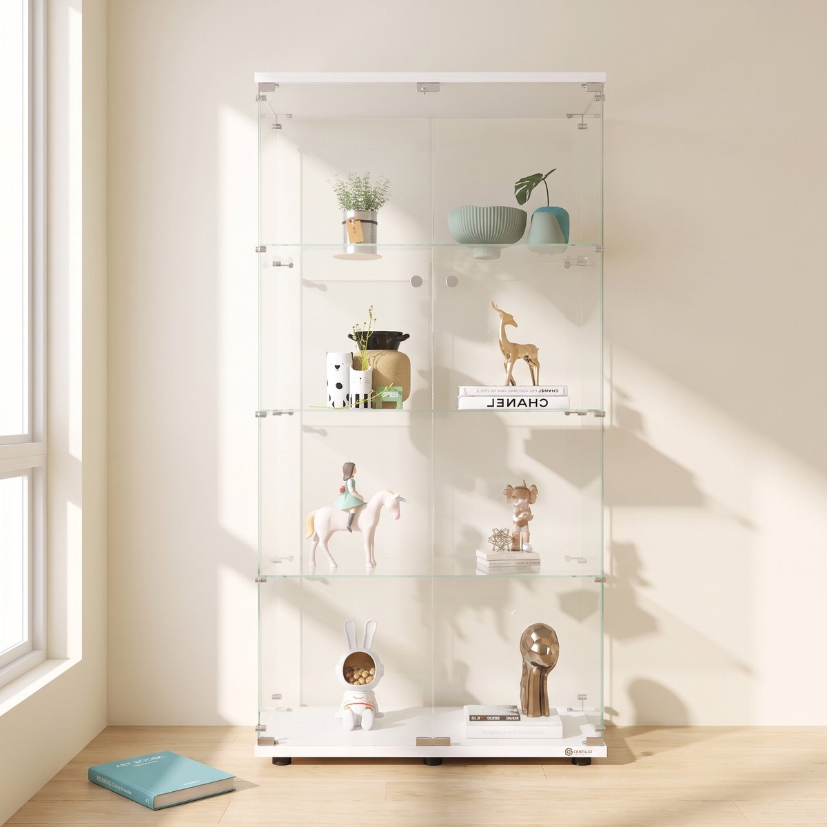 Glazen Vitrinekast, Verzamelmeubel met 2 Deuren en 4 Planken, Displaykast voor Verzamelobjecten, Gehard Glas, Vitrinekast voor Woonkamer, Kantoor, Verzamelobjecten, Boeken, Wijn (Wit)