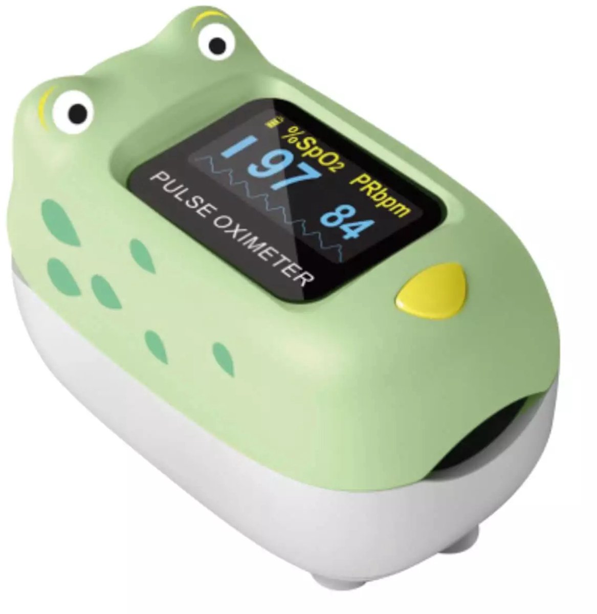 Saturatiemeter voor Kinderen – Zuurstofmeter Kind - Hartslagmeter - Model kikker - Incl. koord, batterij, handleiding