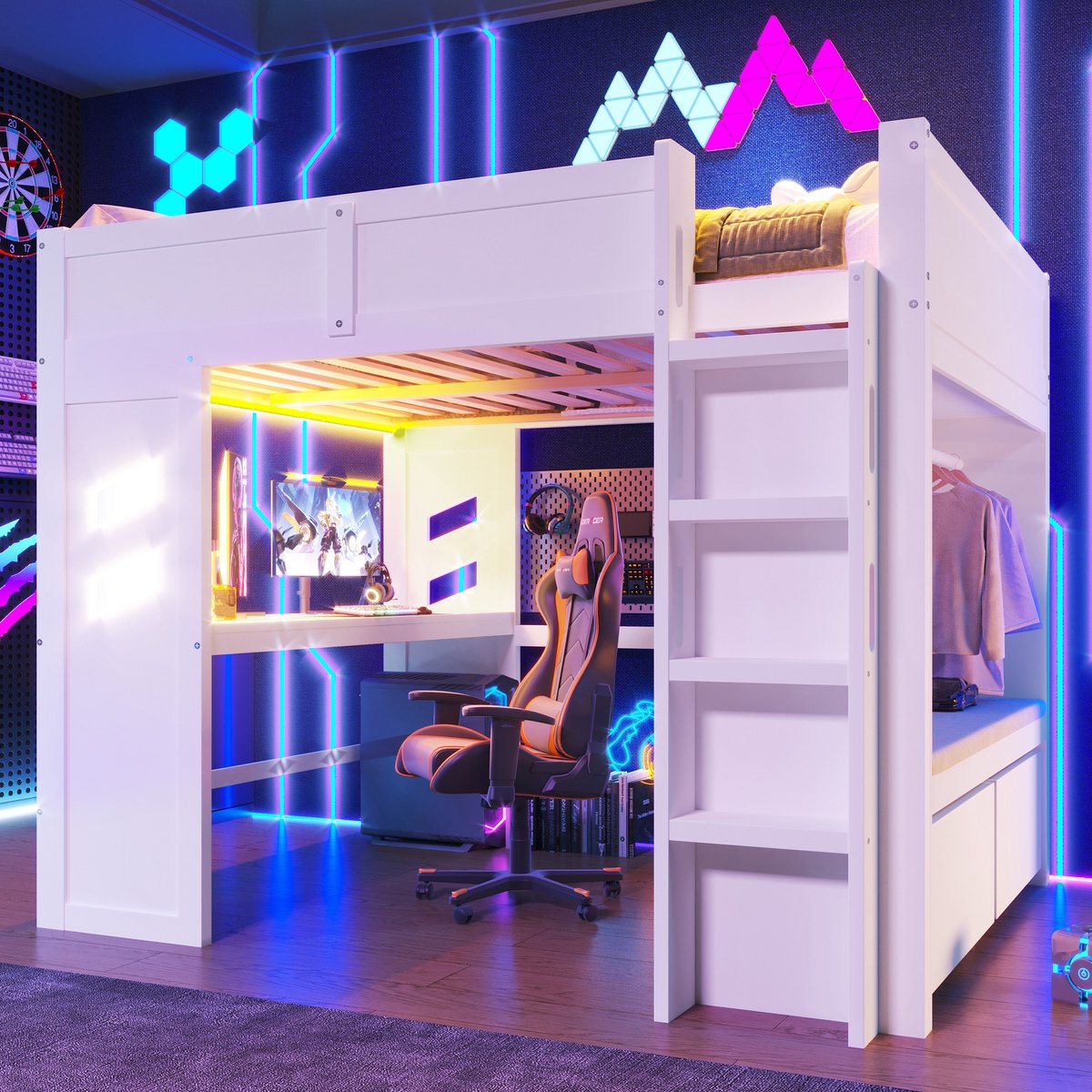 Gaming Hoogslaper 140x200 cm met Bureau, LED-Verlichting met App, USB- en USB-C-Poort, 2 Opbergladen en Kledingstang - Massief Grenenhout en MDF - Wit