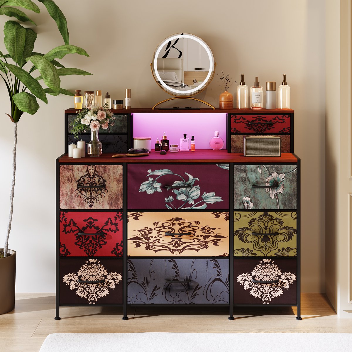 Kaptafel 109,2x28x97,3 cm, make-up tafel met 13 diepe lades, LED-verlichting en USB-opladen, ruime opbergruimte, vintage design, houtlook blad
