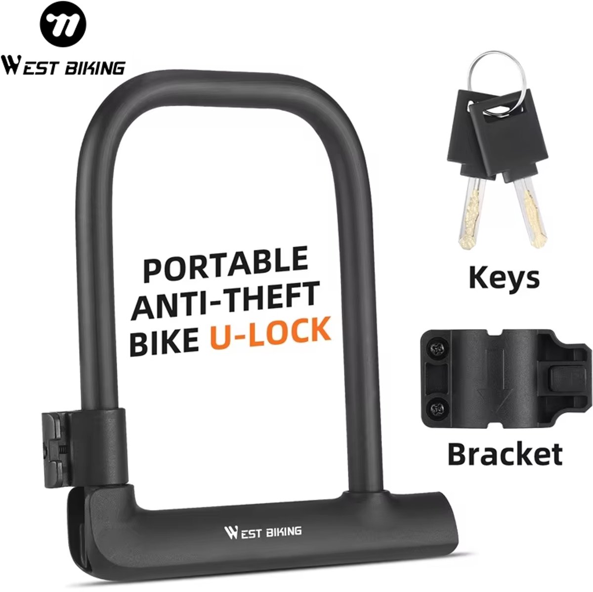 WEST BIKING Beugelslot Fiets – U-Lock – 14 mm Stalen Beugel – Inclusief Framehouder & 2 Sleutels – PVC Beschermlaag – Fiets, E-bike & Scooter – Zwart