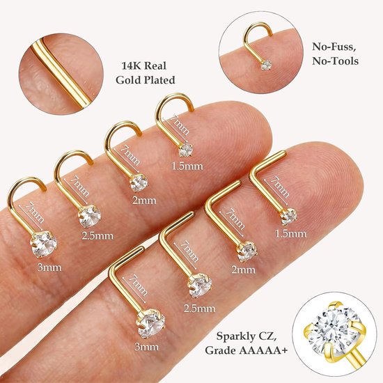 20G Gouden Neus Ring Stud Voor Vrouwen Mannen 8Pcs Hypoallergeen Chirurgisch Staal Kurkentrekker Neus Stud CZ 1.5/2/2.5/3mm Zilveren Neus Studs L Vorm Kleine Dunne Neus Stud Neusgat Piercing — afbeelding 3