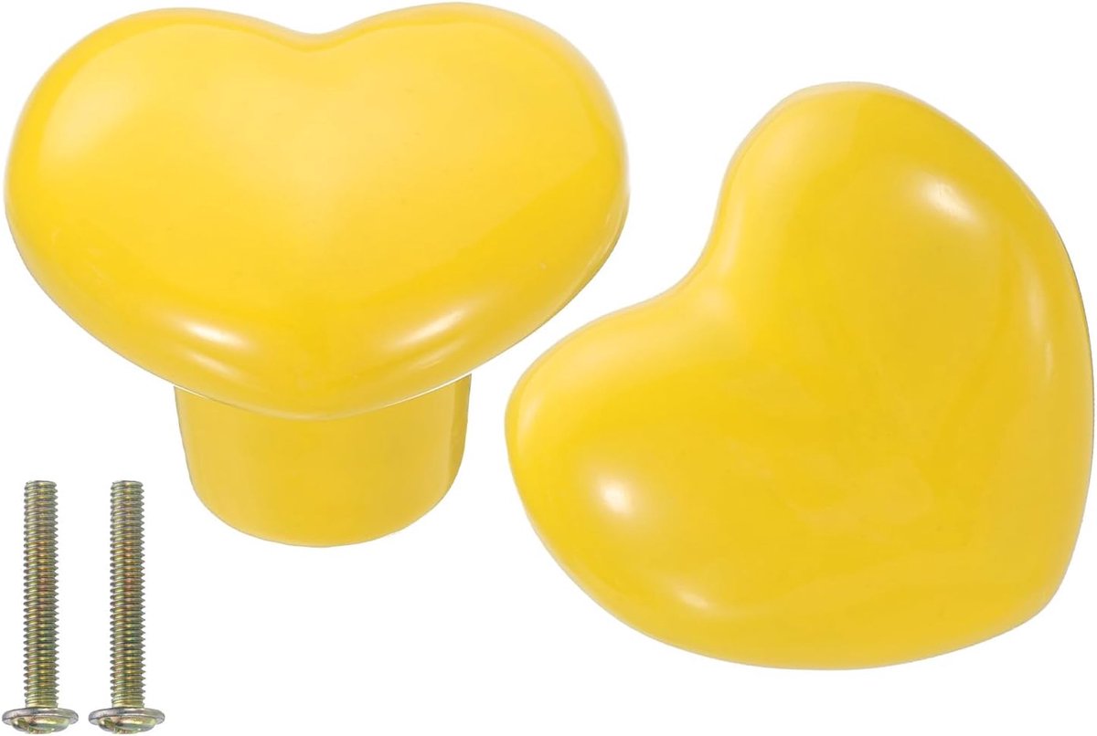 2 Verpakkingen Keramische ladeknoppen, hartvormige ladeknoppen, decoratieve ladeknoppen met M4 x 25 mm schroef voor kast kledingkast, geel