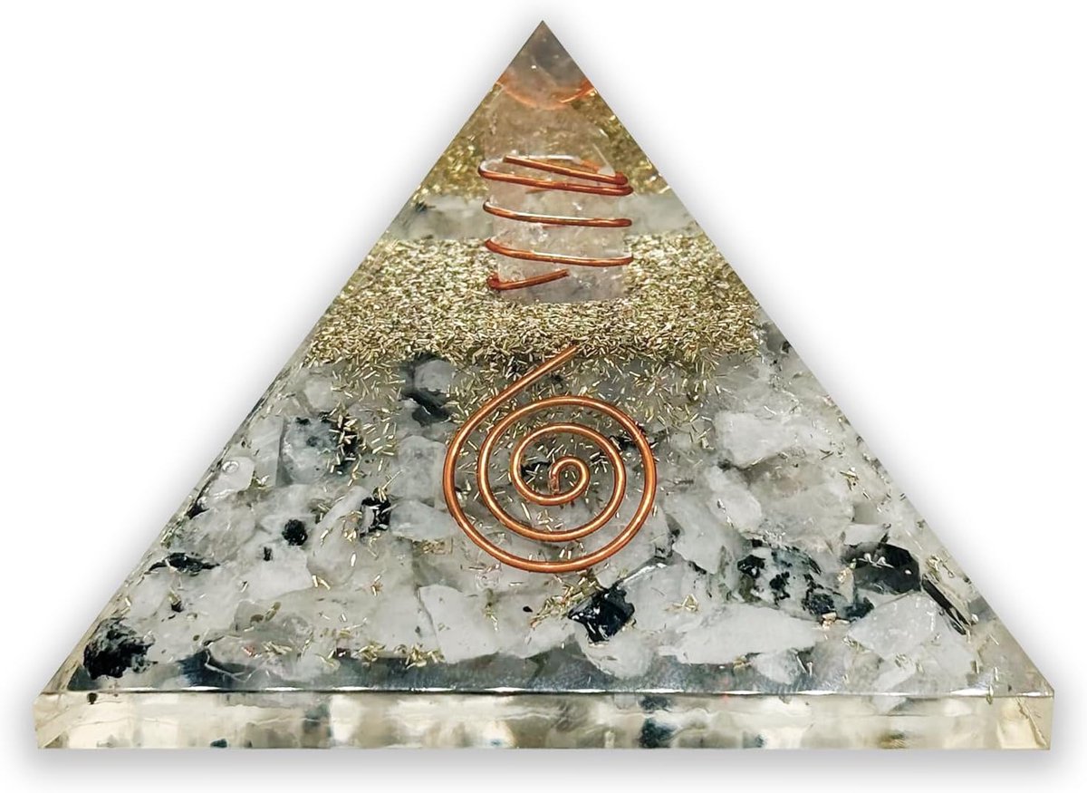 Orgonietpiramide met maansteen - energiebalans en sereniteit - intuïtie en vrouwelijke energie - positieve energieën - emotionele harmonie - bescherming en rust - 7,6 cm (ca. 76 mm)